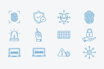 Security and protection icons set, featuring fingerprint, shield, network, alarm, hand, keyboard, laptop, and warning sign