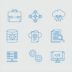 Collection of nine business and technology icons in blue outline style perfect for websites, apps, and presentations