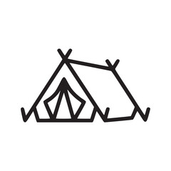 A minimalistic line drawing of a tent with a triangular entrance on a white background space outdoors