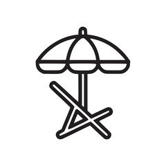 A simple line drawing of a beach umbrella and a beach chair on a white background in minimalist style