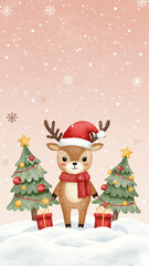Cute watercolor Christmas reindeer illustration on a snowy pastel background with pine trees and gifts; perfect vertical vector for social media stori