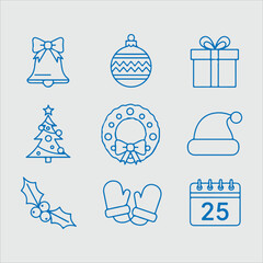 Christmas icons bell, bauble, gift, tree, wreath, hat, holly, mitten, and calendar for december 25th in blue outline