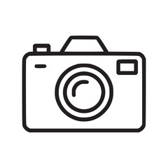 A simple line drawing of a black camera with a lens and a flash on a white background in vector format