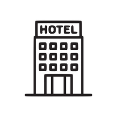 A simple line art illustration of a hotel building with a sign on top and multiple windows shown