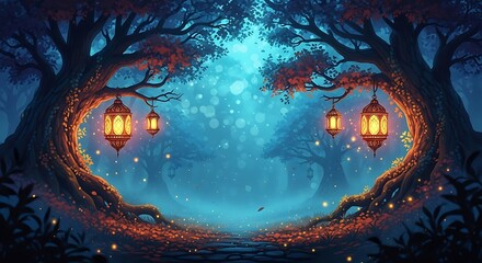 Enchanted Forest: Glowing Lanterns in a Mystical Night Landscape