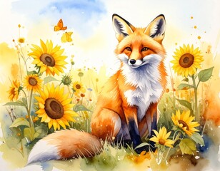 Fototapeta premium Fuchs zwischen Sonnenblumen