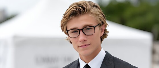 A young man stands with a charming smile at a stylish event, dressed in a tailored suit and glasses, enjoying the lively atmosphere