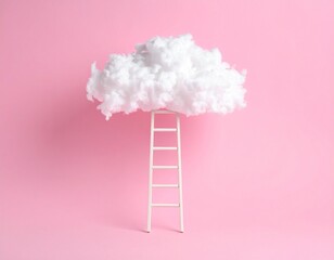 Pink Ladder Reaching a Fluffy White Cloud on a Pink Background.