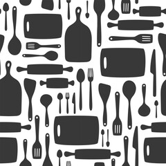 Lamas personalizadas para cocina con tu foto Modern seamless pattern with black kitchen tools silhouettes. Flat vector background ideal for food packaging, cooking themes, and kitchen decor.