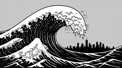Naklejka premium Dramatic black and white vector illustration of a massive, stylized ocean wave towering over a distant modern city skyline; ideal for climate change r