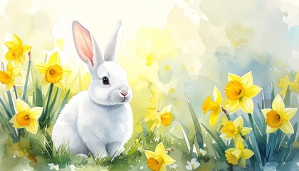 Fototapeta premium Kaninchen auf Narzissenwiese