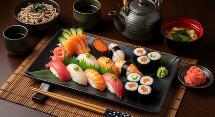 Assorted Sushi Plate, Soba Noodles, Miso Soup, Japanese Cuisine
