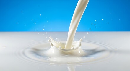 Milk Pouring and Splashing with Ripple Effect on Blue Background