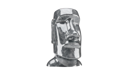 Polished Metallic Moai Statue Head with Distinct Features.