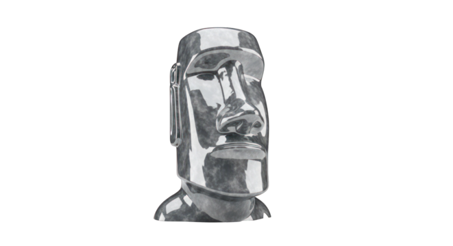 Polished Metallic Moai Statue Head with Distinct Features.