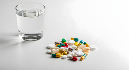 Assorted pills and capsules with water for daily wellness support, showing a focus on health and pharmaceutical treatments