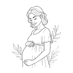 Black and white line drawing of a pregnant woman with closed eyes holding her belly surrounded by delicate leaves