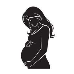 Black silhouette of a pregnant woman with her hands on her belly and long flowing hair black and white