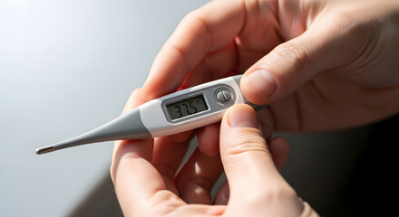Taking temperature with digital thermometer showing 37.5 indicating fever or illness for health and medical concepts