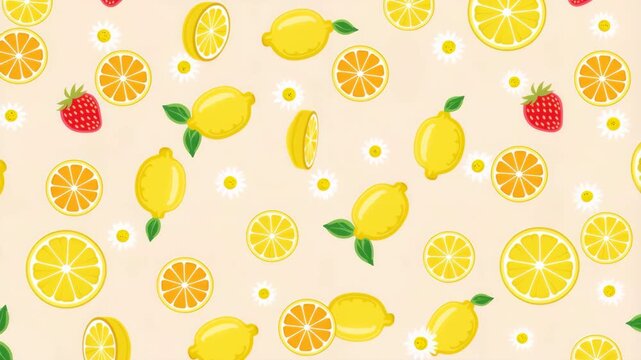 Animated lemon strawberry and orange fruit pattern background