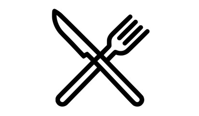 a black and white icon of a knife and fork crossed over each otherblack, cross, flat, fork, icon, illustration, knife, pitchfork, sword, symbol, tool, web 
