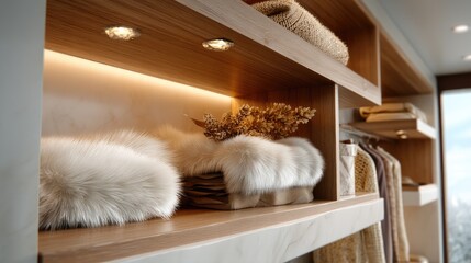 A chic array of winter coats hangs in a modern wardrobe, with neatly folded garments beneath, creating a cozy vibe