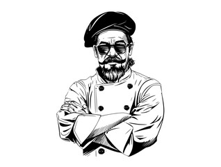 a black and white illustration of a chef with a beret and sunglassesarm, art, beard, beret, chef, cross, goggles, illustration, man, wear 