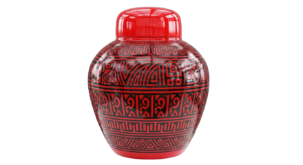 Red and Black Patterned Ceramic Jar with Lid.