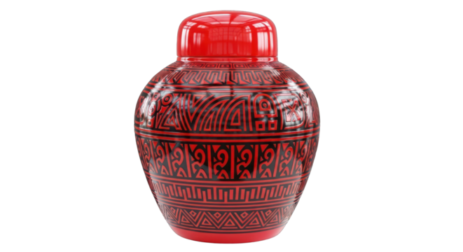 Red and Black Patterned Ceramic Jar with Lid.