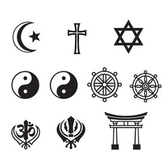 Collection of black religious symbols including crescent star cross star of david yin yang dharma wheel om and torii gate