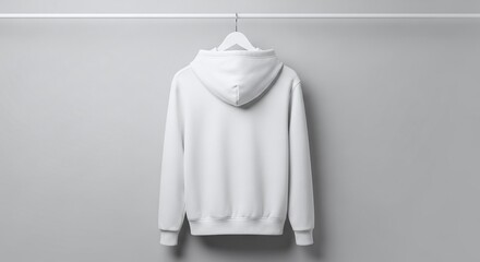 Plain white hoodie, back view, hanging on a hanger against a light gray background