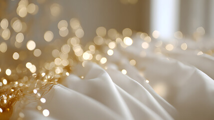 Close-up of silky white fabric with soft golden bokeh lights creating a dreamy and elegant atmosphere.