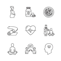 Collection of line art icons representing health pregnancy medicine healthy food yoga doctor consultation and mental well being