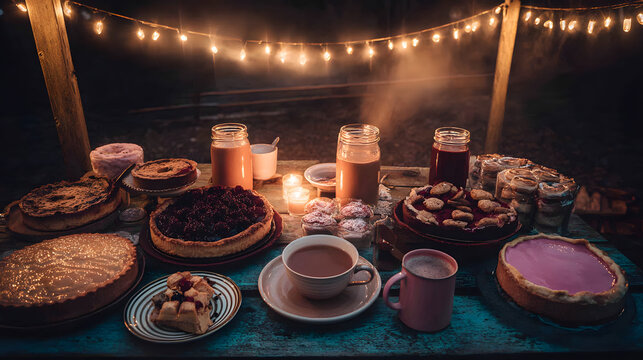 A cozy evening setup featuring a variety of desserts and warm beverages, illuminated by soft fairy lights.