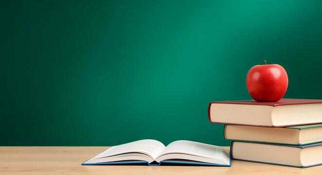 Open book, a stack of books with a red apple on top, and a pen on a wooden table. Symbolizes education, learning, and back to school for academic promotions
