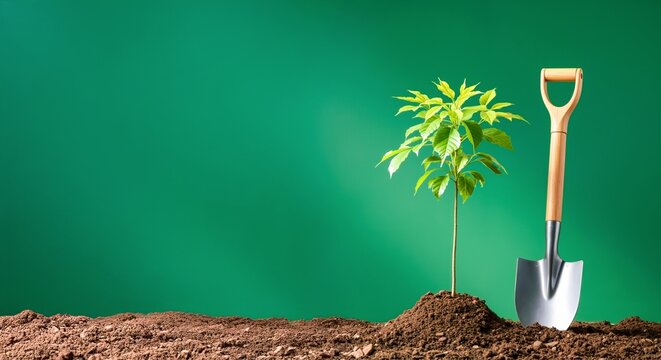 Small tree and a shovel on fresh soil against a green background. Symbolizes growth, gardening, and environmental conservation efforts - Powered by Adobe