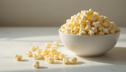 Bowl of popcorn on clean white surface.