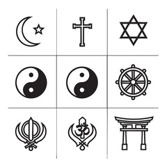 Collection of nine religious and spiritual symbols in a grid format on a white background religion