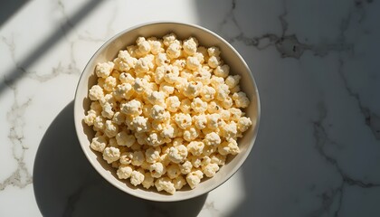 Bowl of popcorn on clean white surface.
