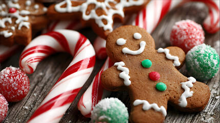 Festive gingerbread man surrounded by candy canes and colorful sugar-coated treats.
