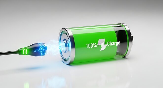 Green Battery Charging with 100 Percent Full Indicator, Depicting Clean Energy Technology and Sustainable Power Solution with Realistic Sparks and a Sleek Modern Design