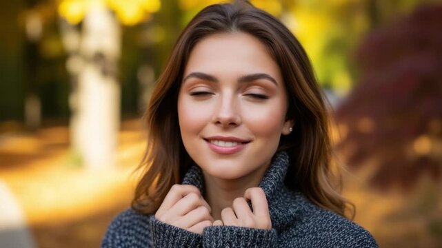 A beautiful young woman with brown hair smiles gently while holding her cozy sweater collar in an autumn park setting