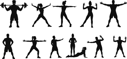 Fitness training silhouettes set, gym workout, yoga, stretching, barbell squat, full body exercise, vector illustration collection