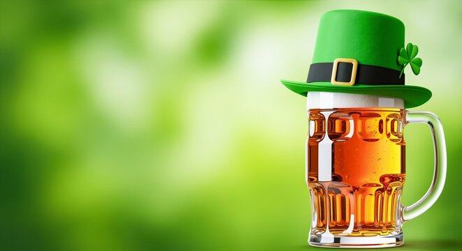 Beer mug with foam and a green leprechaun hat with a shamrock. Evokes st. patrick's day celebrations and irish themed events