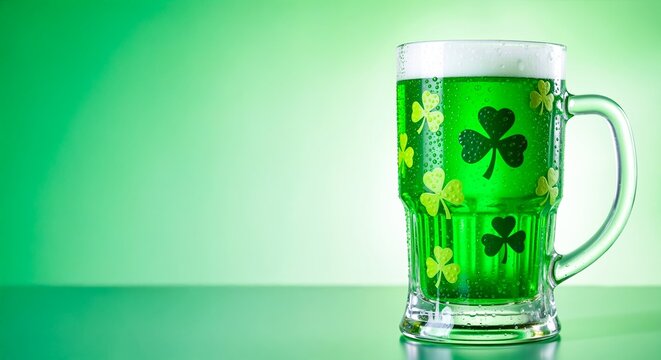 Glass of green beer with shamrocks and foam on a vibrant green background. Celebrates st. patrick's day, irish culture, and festive pub gatherings - Powered by Adobe