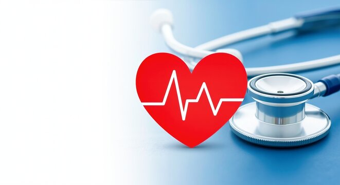 Red heart with an electrocardiogram line next to a stethoscope on a blue and white gradient background. Represents heart health, medical care, and health awareness campaigns - Powered by Adobe
