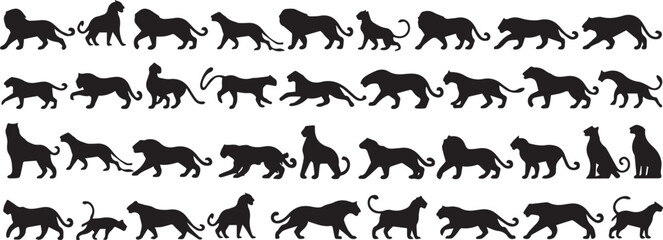 Seamless pattern with various lion silhouettes