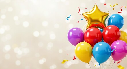 Colorful balloons including a gold star and round shapes with scattered confetti and streamers on a blurred golden bokeh background. Represents celebrations and festive events