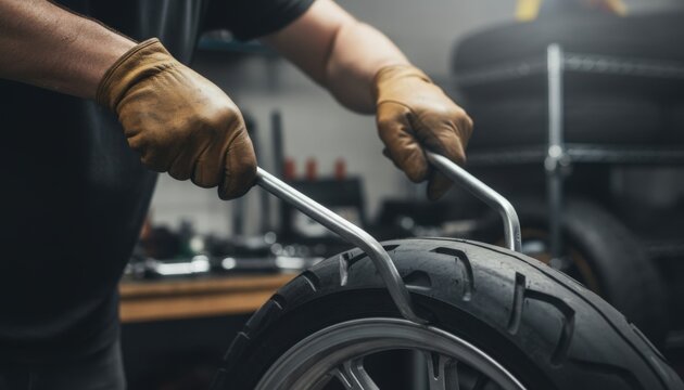 Man with gloves changing a motorcycle tire using tire levers in a workshop and tools nearby