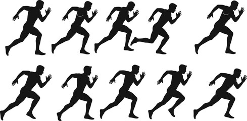 Set of Black Silhouette Running Men, Sprinter Athletes in Dynamic Movement, Vector Illustration for Sports and Fitness